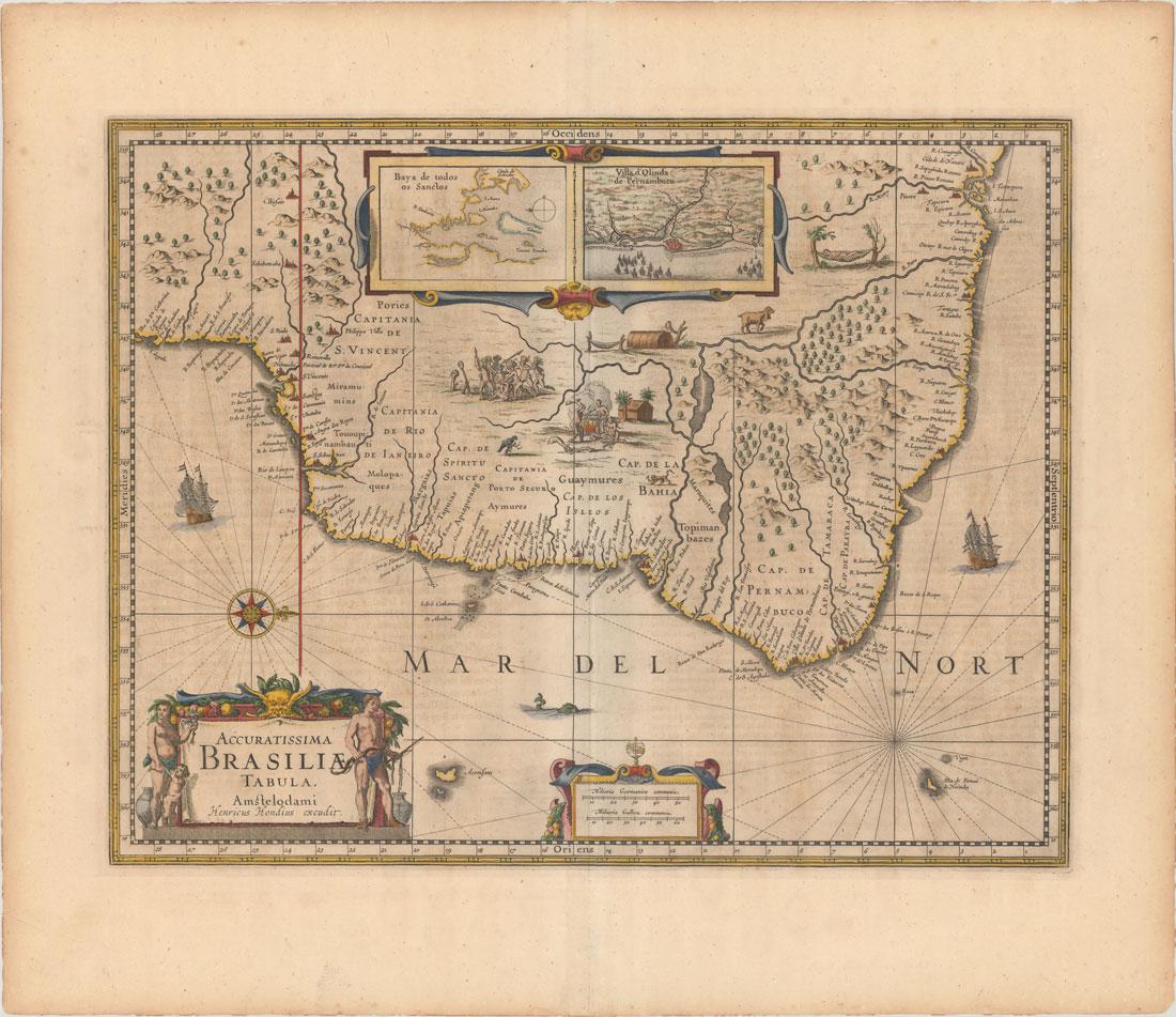 MAP, Brazil, Hondius: Brazil. Henricus Hondius, Accuratissima Brasiliae Tabula, 1639 (circa). Hand Color. Magnificent depiction of Brazil with north oriented to the right by a handsome compass rose. The map is inset with t