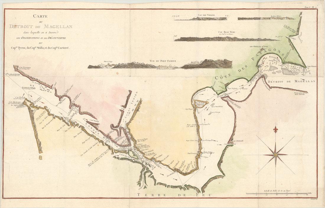 MAP, Strait of Magellan, Benard: Strait of Magellan. Jacques Francois Benard, Carte du Detroit de Magellan dans Laquelle on a Insere les Observations et les Decouvertes du Capne. Byron, du Capne. Wallis, et du Capne. Carteret, from R