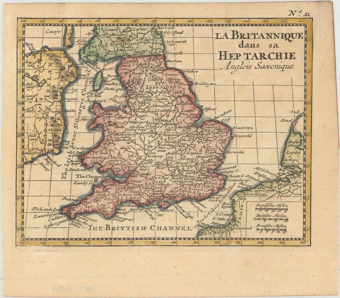 MAP, England & Wales, Bossuet: England & Wales. Jacques Benigne Bossuet, La Britannique dans sa Heptarchie Anglois Saxonique, 1755 (published). Hand Color. This little map shows England and Wales as it was during the Heptarchy, a p