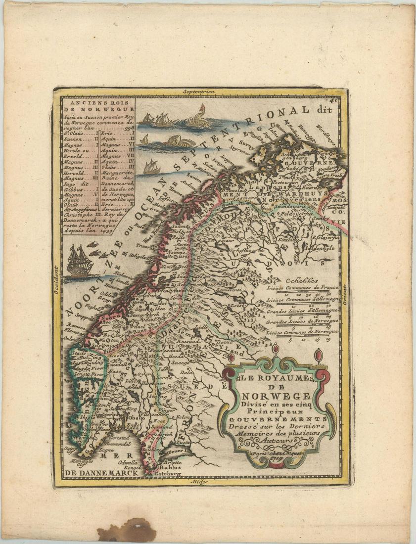 MAP, Norway & Sweden, Chiquet: Norway & Sweden. Jacques Chiquet, Le Royaume de Norwege Divise en ses Cinq Principaux Gouvernements..., 1719 (dated). Hand Color. This charming, uncommon map illustrates Norway divided into provinces.