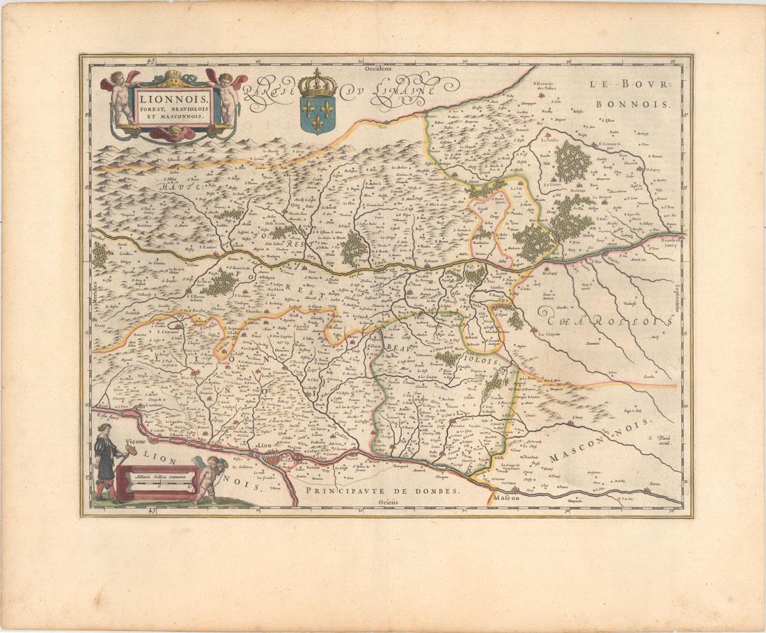 MAP, Eastern France, Blaeu: Eastern France. Willem Blaeu, Lionnois, Forest, Beaviolois et Masconnois, 1644 (circa). Hand Color. A beautifully engraved map of the Rhone and Loire valleys showing Vienne, Lyon, and Macon. It is ful