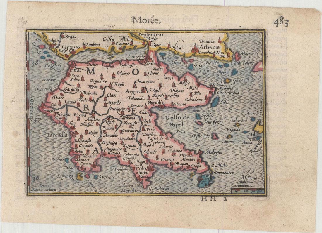 MAP, Southern Greece, Langenes: Southern Greece. Barent Langenes, Morea, 1600 (published). Hand Color. This is a charming little map of the Peloponnesian peninsula, engraved by Petrus Kaerius (Pieter van den Keere). French text on v