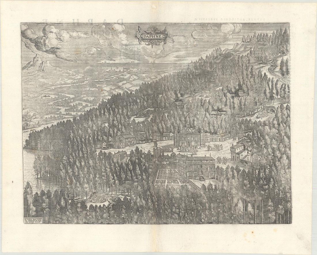 MAP, Antioch, Turkey, Ortelius: Antioch, Turkey. Abraham Ortelius, Daphne, 1624 (published). Black & White. A lovely view of the paradise Daphne, today's Harbiye and a suburb of Antioch (Antakya), created on the basis of classical s
