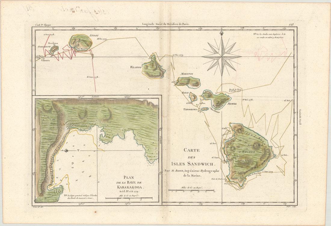 MAP, Hawaii, Bonne: Hawaii. Rigobert Bonne, Carte des Isles Sandwich, 1780 (circa). Hand Color. This handsome copper-engraved chart details the Hawaiian Islands. The track of Cook's voyages of 1778 and 1779 are charted t