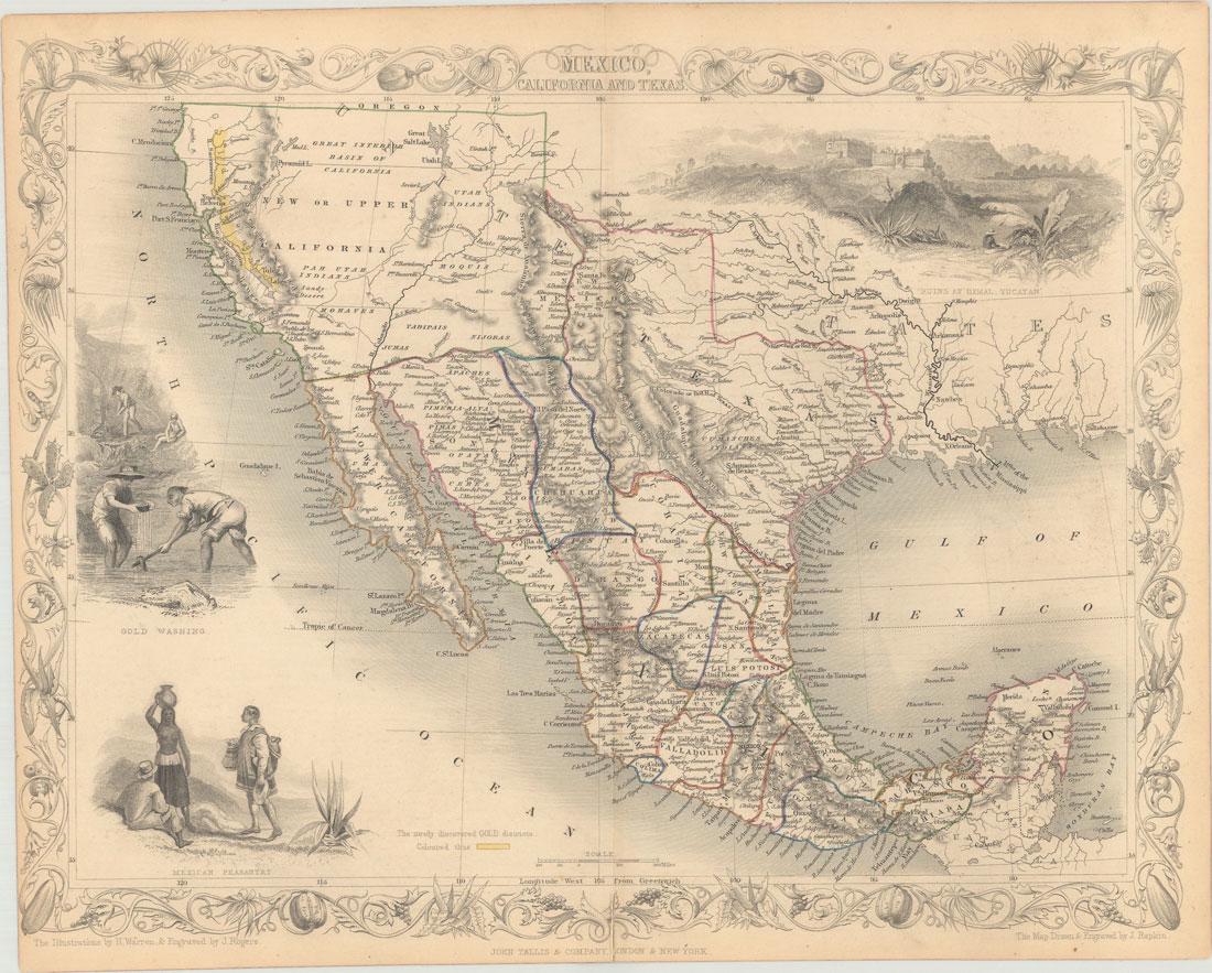 MAP, US & Mexico, Tallis: Southern United States & Mexico. John Tallis, Mexico, California and Texas, from Illustrated Atlas and Modern History of the World, 1850 (circa). Hand Color. This is the second, and most desirable, st