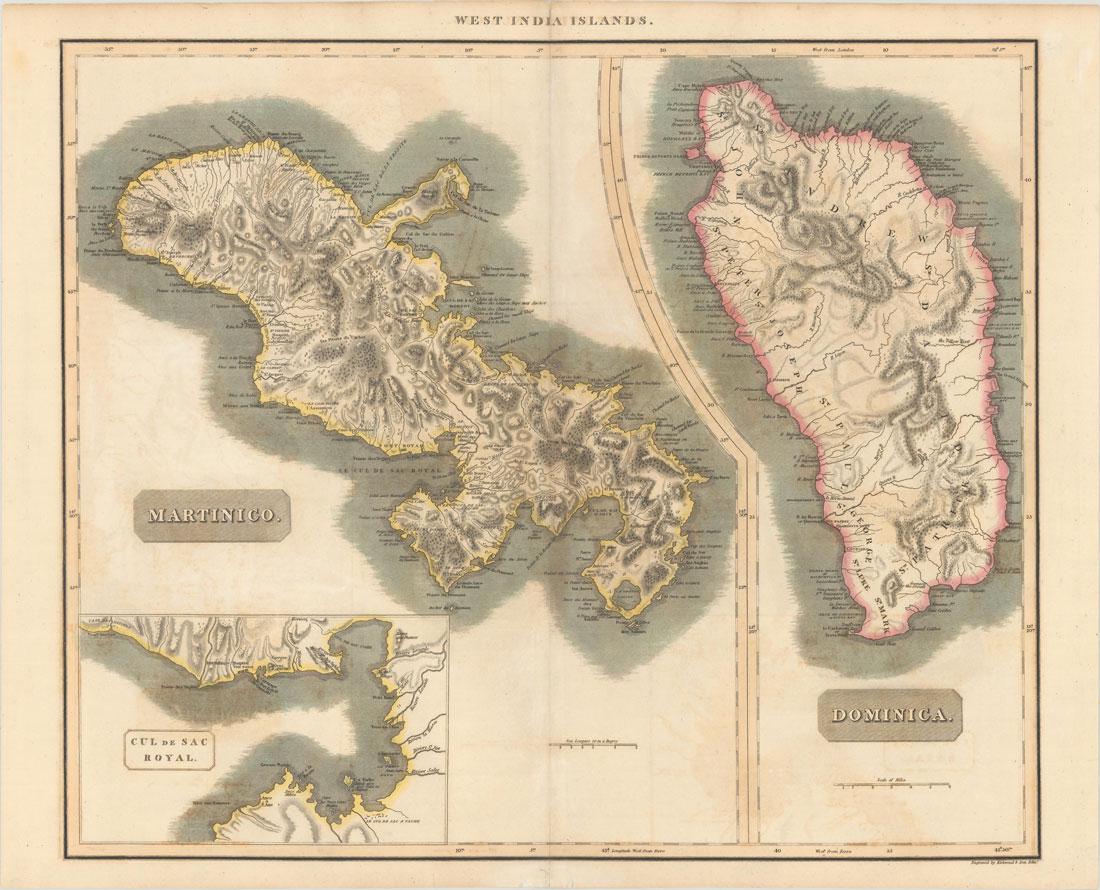 MAP, Martinique & Dominica, Thomson: Martinique & Dominica. John Thomson, Martinico [on sheet with] Dominica, from New General Atlas, 1814 (circa). Hand Color. This sheet includes two copper engraved maps with common borders detailing th