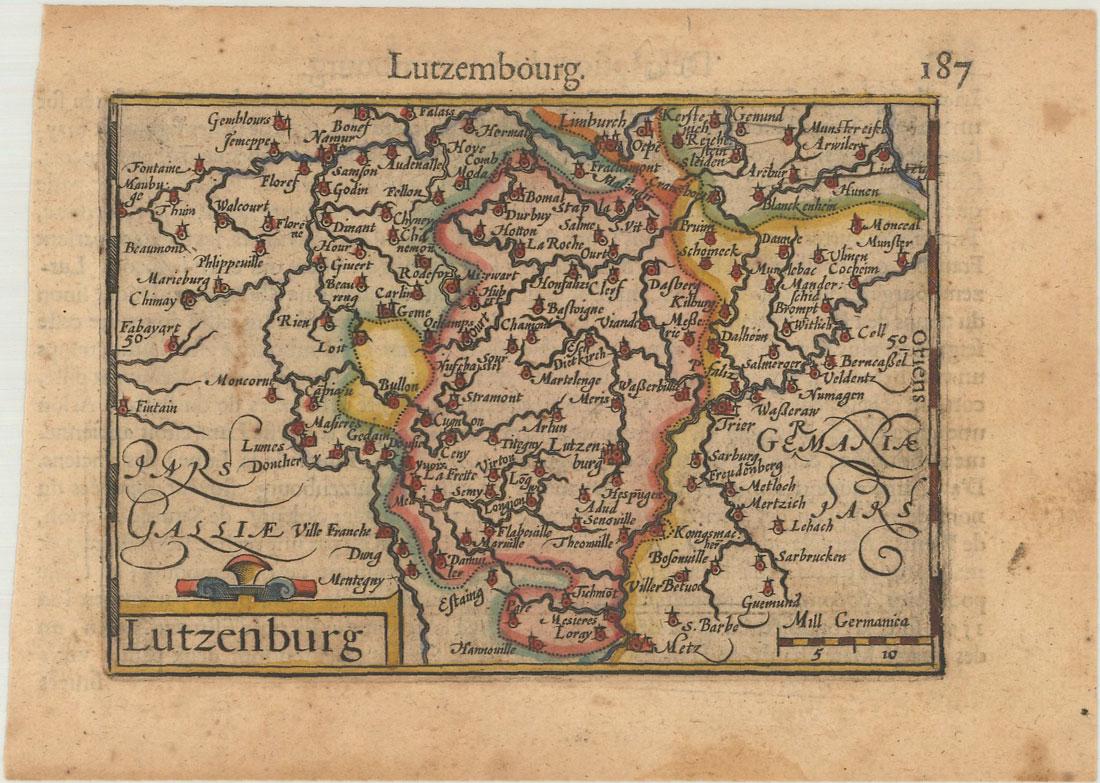 MAP, Luxembourg, Langenes: Luxembourg. Barent Langenes, Lutzenburg, from Thresor de Chartes, 1600 (published). Hand Color. A charming miniature map roughly centered on the city of Luxembourg, with Trier just to the northeast. T