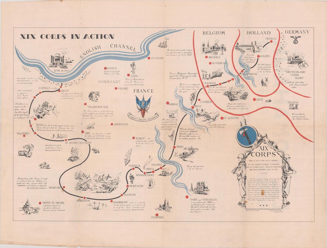 MAPS, Western Europe, U.S. Army: Western Europe, World War II. U.S. Army, [Lot of 2] XIX Corps from D Day (6 June 1944) to Germany [and] XIX Corps in Action from Siegfried Line to Victory, 1944-45 (dated). Printed Color. These World 
