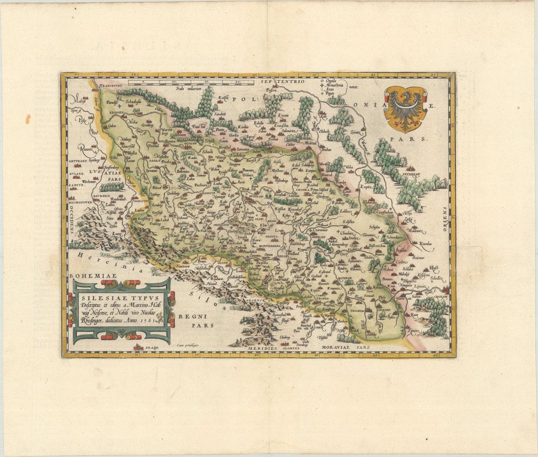 MAP, Southern Poland, Ortelius: Southern Poland. Abraham Ortelius, Silesiae Typus Descriptus et Editus a Martino Heilwig Neisense, et Nobili Viro Nicolao Rhedinger Dedicatus Anno 1561, from Theatrum Orbis Terrarum, 1584 (published).