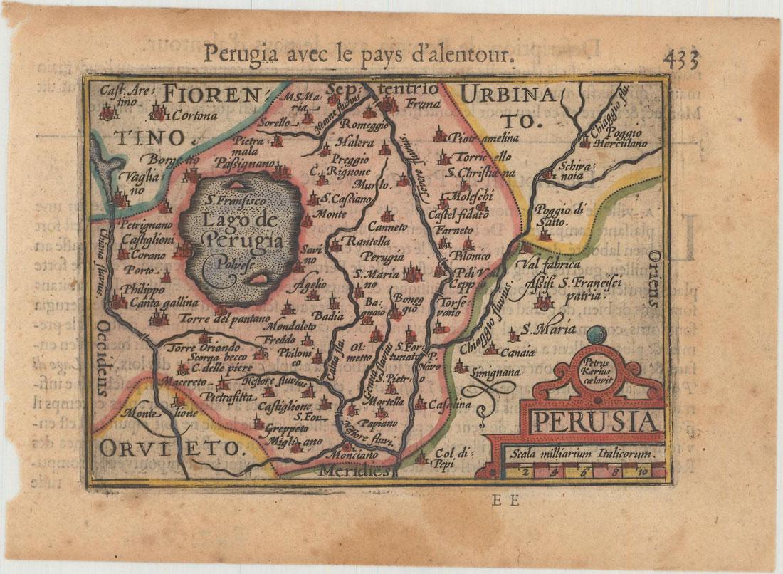 MAP, Central Italy, Langenes: Central Italy. Barent Langenes, Perusia, from Thresor de Chartes, 1600 (published). Hand Color. Miniature map of the ancient Etrurian region of Perusia (modern day Perugia). French text on verso. The 