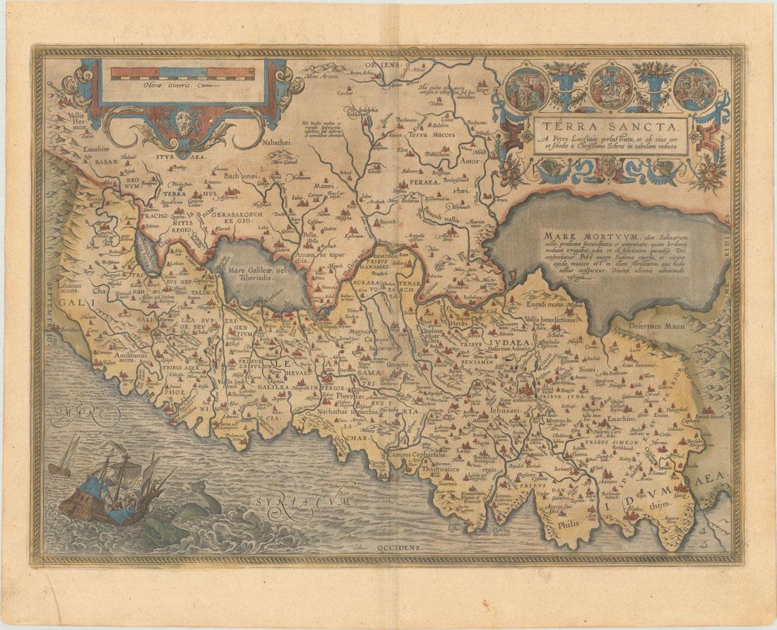 MAP, Holy Land, Ortelius: Holy Land. Abraham Ortelius, Terra Sancta, a Petro Laicstain Perlustrata, et ab eius Ore et Schedis a Christiano Schrot in Tabulam Redacta, from Theatrum Orbis Terrarum, 1592 (published). Hand Color.