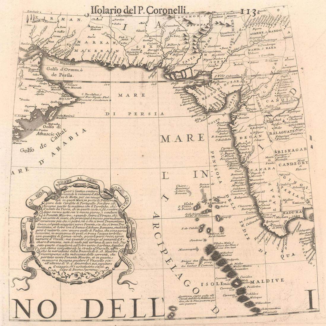 MAP, Arabian Sea & India, Coronelli: Arabian Sea & Western India. Vincenzo Maria Coronelli, Auvertimento alli Nauigli che Partono da Goa per Andare al Capo di Buona Speranza per il di Fuori di Madagascar, from Isolario, 1696 (circa). Bla