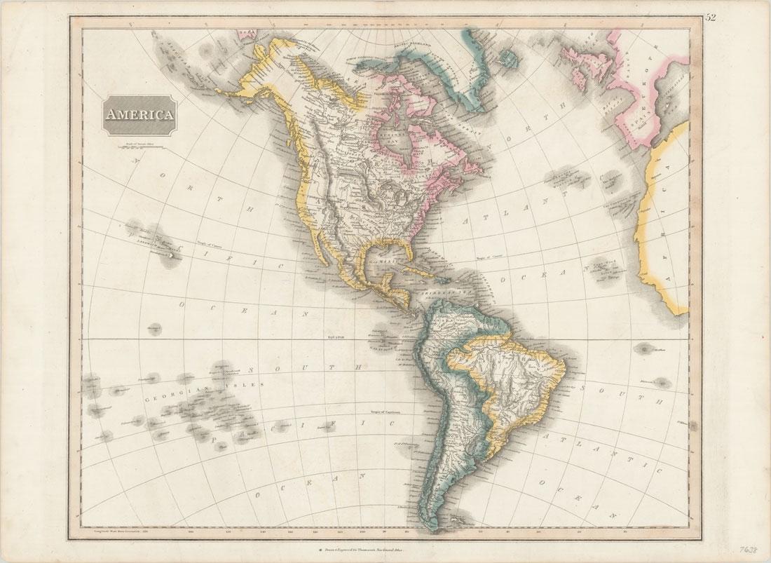 MAP, Western Hemisphere, Thomson: Western Hemisphere - America. John Thomson, America, from New General Atlas, 1815 (circa). Hand Color. In Thomson's style, this well engraved map shows the latest discoveries including those of Macken