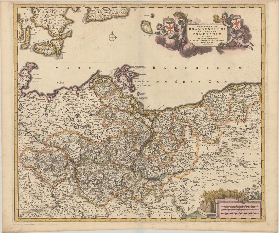 MAP, Germany & Poland, Wit: Northern Germany & Poland. Frederick de Wit, Marchionatus Brandenburgi et Ducatus Pomeraniae Tabula quae est Pars Septentrionalis Circuli Saxoniae Superioris, 1680 (circa). Hand Color. A handsome and 