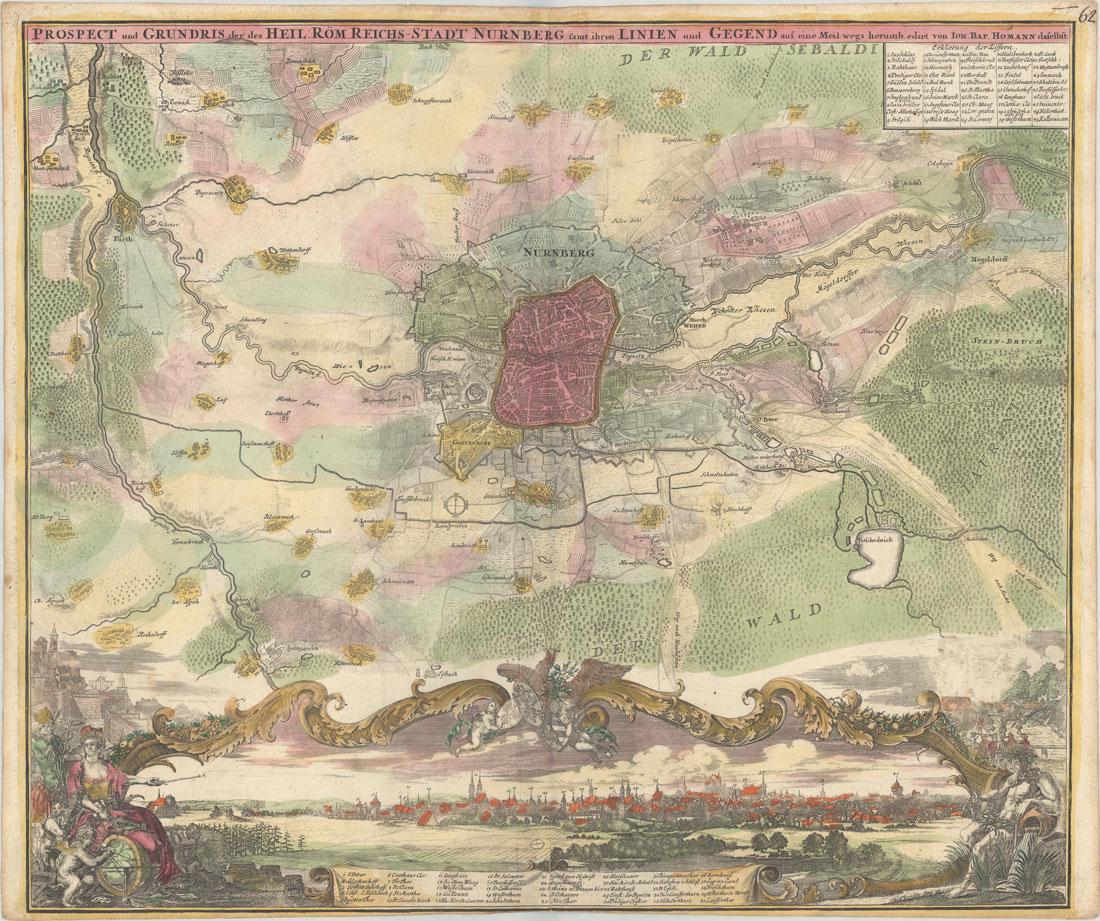 MAP, Nurnberg, Germany, Homann: Nurnberg, Germany. Johann Baptist Homann, Prospect und Grundris der des Heil: Rom. Reichs-Stadt Nurnberg samt Ihren Linien und Gegend auf eine Meil-Wegs Herumb, from Neuer Atlas uber die Gantze Welt, 