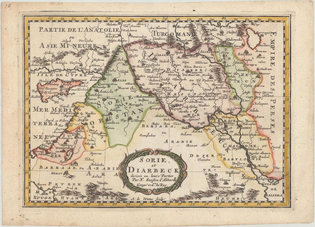 MAP, Middle East & Cyprus, Sanson: Middle East & Cyprus. Nicolas Sanson, Sorie, et Diarbeck Divises en Leurs Parties, from Geographise en Historise Werelt Beschryving, 1699 (published). Hand Color. Lovely map of Iraq, Syria, the Holy L