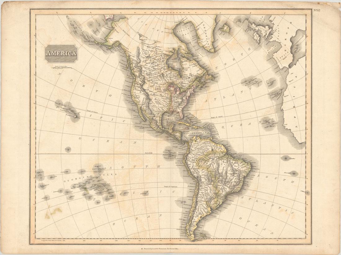 MAP, Western Hemisphere, Thomson: Western Hemisphere - America. John Thomson, America, from New General Atlas, 1813 (circa). Hand Color. In Thomson's style, this well engraved map shows the latest discoveries including those of Macken