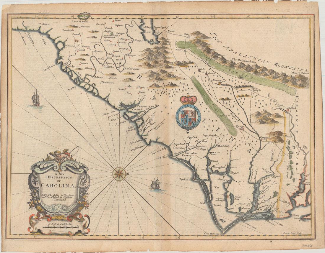 MAP, Southeast US, Speed/Lamb: Speed's Map of the Carolinas Based Upon the Lords Proprietor's Map. Southeast United States. John Speed/Francis Lamb, A New Description of Carolina, from A Prospect of the Most Famous Parts of the Wor