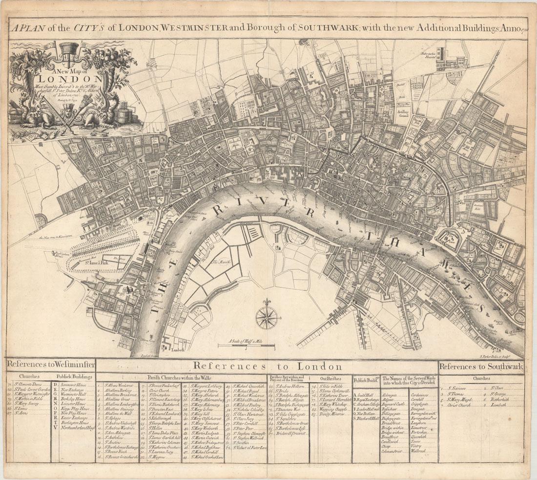 MAP, London, England, Senex: Scarce Plan of London Published in the Only Edition of Senex's New General Atlas. London, England. John Senex, A New Map of London Most Humbly Inscrib'd to the Rt. Worshipfull Sr. Peter Delme Kt. & Al