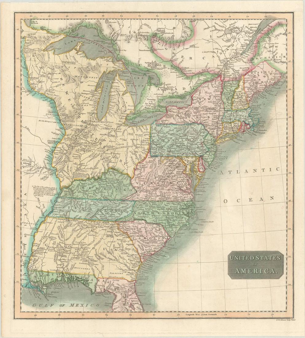 MAP, US & Canada, Thomson: This catalog is view only - bids must be placed at oldworldauctions.com. Eastern United States & Canada. John Thomson, United States of America, 1815 (circa). Hand Color. This map of the United States