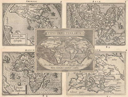 MAP, World & Continents, Ortelius: This catalog is "VIEW ONLY" on LiveAuctioneers - bids must be placed at oldworldauctions.com. Matching Set of Miniature Ortelius Maps. World & Continents. Ortelius/Galle, [Lot of 5] Typus Orbis