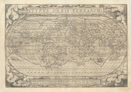 MAP, World, Ortelius: This catalog is "VIEW ONLY" on LiveAuctioneers - bids must be placed at oldworldauctions.com. Ortelius' Famous World Map - First Plate. World. Abraham Ortelius, Typus Orbis Terrarum, from Theatrum