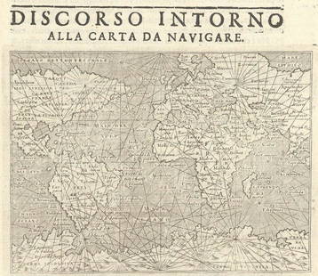 MAP, World, Porcacchi: This catalog is "VIEW ONLY" on LiveAuctioneers - bids must be placed at oldworldauctions.com. World. Tomaso Porcacchi, Discorso Intorno alla Carta da Navigare, from L'Isole piu Famose del