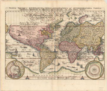 MAP, World, Merian: This catalog is "VIEW ONLY" on LiveAuctioneers - bids must be placed at oldworldauctions.com. World. Matthaus Merian, Nova Totius Terrarum Orbis Geographica ac Hydrographica Tabula, from Neuwe