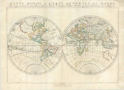 MAP, World, Sanson: This catalog is "VIEW ONLY" on LiveAuctioneers - bids must be placed at oldworldauctions.com. World. N. Sanson/Mariette, Mappe-Monde, ou Carte Generale du Monde; Dessignee en Deux Plan-Hemispheres,