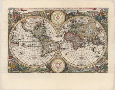 MAP, World, Visscher: This catalog is "VIEW ONLY" on LiveAuctioneers - bids must be placed at oldworldauctions.com. World. Nicolas Visscher, Orbis Terrarum Tabula Recens Emendata et in Lucem Edita, 1664 (circa). Hand