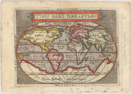 MAP, World, Ortelius: This catalog is "VIEW ONLY" on LiveAuctioneers - bids must be placed at oldworldauctions.com. World. Ortelius/Marchetti, Typus Orbis Terrarum, from Il Theatro del Mondo, 1667 (published). Hand