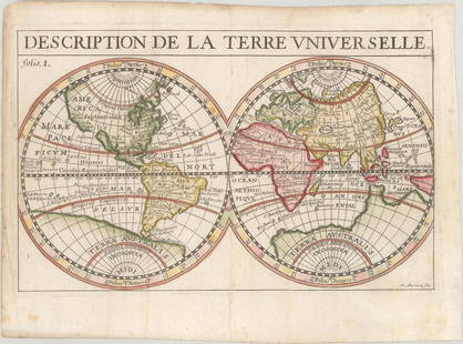 MAP, World, Duval: This catalog is "VIEW ONLY" on LiveAuctioneers - bids must be placed at oldworldauctions.com. World. Pierre DuVal, Description de la Terre Universelle, from Memoires Geographiques..., 1688