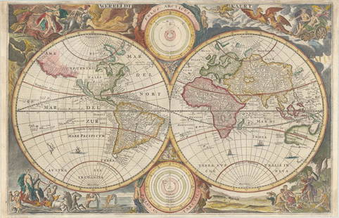 MAP, World, Putte: This catalog is "VIEW ONLY" on LiveAuctioneers - bids must be placed at oldworldauctions.com. World. I. Putte, Werreldt Kaert, 1715 (published). Hand Color. The decorative elements of this ornate