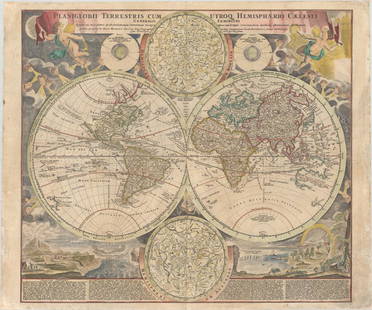 MAP, World, Homann: This catalog is "VIEW ONLY" on LiveAuctioneers - bids must be placed at oldworldauctions.com. World. Johann Baptist Homann, Planiglobii Terrestris cum Utroq Hemisphaerio Caelesti Generalis