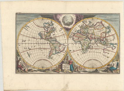 MAP, World, Goeree: This catalog is "VIEW ONLY" on LiveAuctioneers - bids must be placed at oldworldauctions.com. World. Willelm & Jan Goeree, De Aard-Kloot Volgens de Hedendaagse Gedaante, 1730 (circa). Hand Color.
