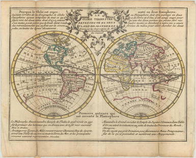 MAP, World, Leth: This catalog is "VIEW ONLY" on LiveAuctioneers - bids must be placed at oldworldauctions.com. World. Hendrik de Leth, Le Globe Terrestre Represente en Deux Plans-Hemispheres Dressee sur les