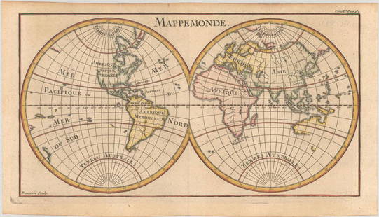 MAP, World: This catalog is "VIEW ONLY" on LiveAuctioneers - bids must be placed at oldworldauctions.com. World. , Mappemonde, from Le Spectacle de la Nature (Volume 4), 1743 (circa). Hand Color. This small