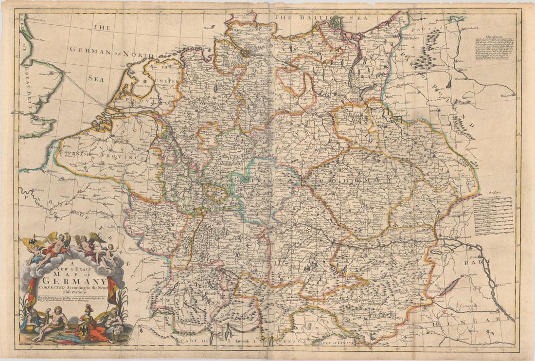 MAP, Central Europe, Willdey: This catalog is "VIEW ONLY" on LiveAuctioneers - bids must be placed at oldworldauctions.com. Central Europe, Germany. George Willdey, A New & Exact Map of Germany Corrected According to the Newest Ob