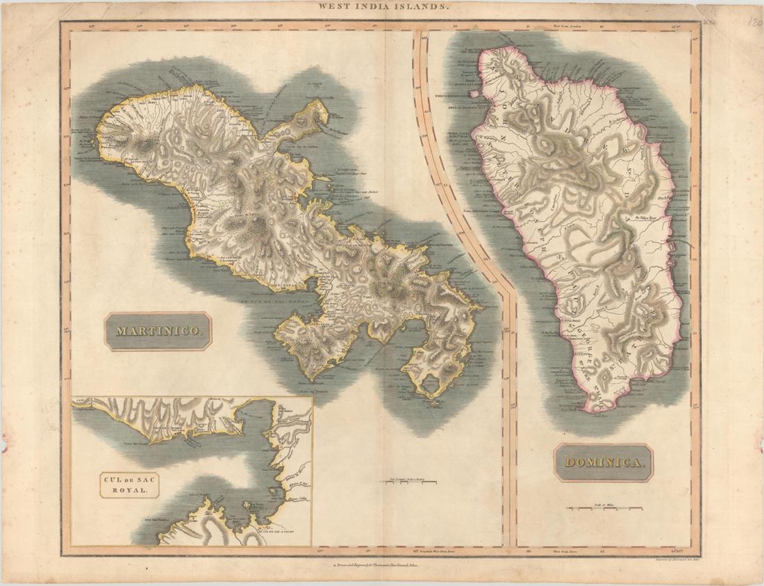 MAP, Martinique, Thomson: THIS CATALOG IS "VIEW ONLY" ON LIVEAUCTIONEERS - BIDS MUST BE PLACED AT OLDWORLDAUCTIONS.COM. Martinique & Dominica. John Thomson, Martinico [on sheet with] Dominica, from New General Atlas, 1814 (cir