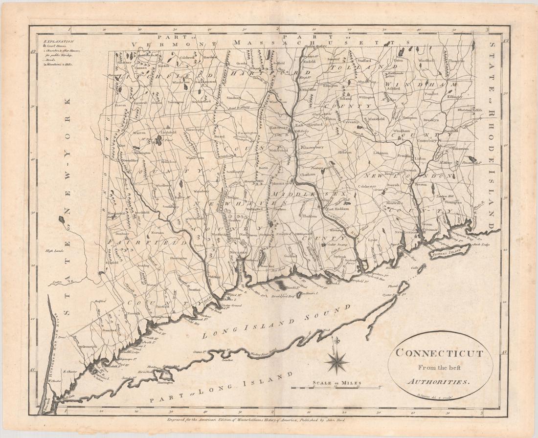 MAP, Connecticut, Reid: Connecticut. John Reid, Connecticut from the Best Authorities, from Winterbotham's History of America, 1796 (circa). Black & White. This early and uncommon map of Connecticut was engraved by Benjamin
