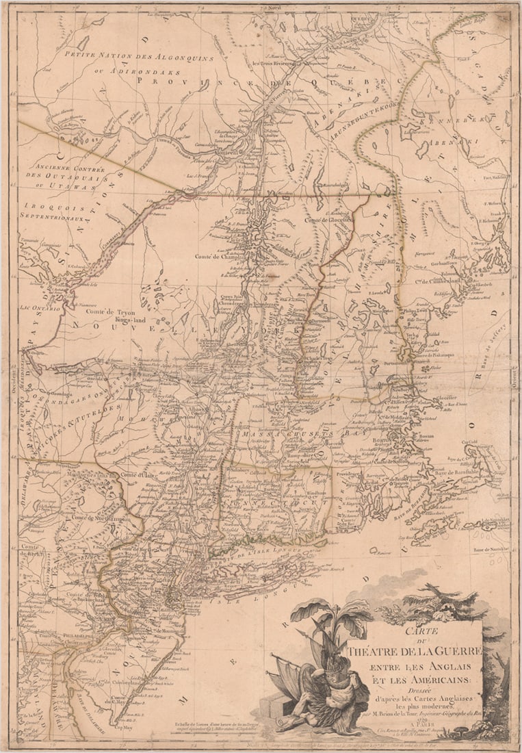 MAP, New England US, Brion de la Tour: Important Map Depicting Tipping Point of Revolutionary War. Colonial New England United States. Louis Brion de la Tour, Carte du Theatre de la Guerre Entre les Anglais et les Americains: Dressee d'Apr