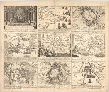 MAP, Europe, Cities, Schenk: Western Europe, Cities. Pieter Schenk, [Untitled - War of Spanish Succession in 1709], from Schouwburg van den Oorlog, 1720 (circa). Black & White. This rare sheet includes 9 engravings related to the