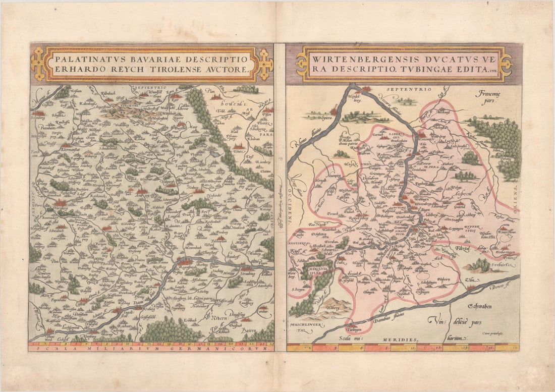 MAP, Germany, Ortelius: Southern Germany. Abraham Ortelius, Palatinatus Bavariae Descriptio Erhardo Reych Tirolense Auctore [on sheet with] Wirtenbergensis Ducatus Vera Descriptio, Tubingae Edita, from Theatrum Orbis Terraru