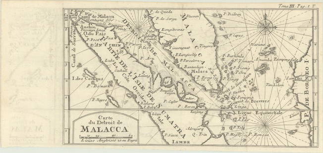 MAP, East Indies, Dampier: East Indies - Western Indonesia. Capt. William Dampier, Carte du Detroit de Malacca, from Nouveau Voyage autour du Monde, 1715 (circa). Black & White. This map is roughly centered on the Straits of Ma