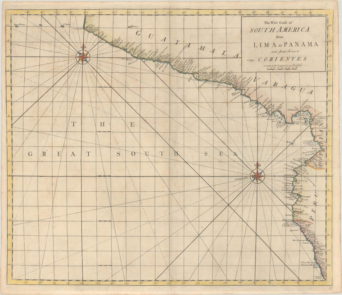 MAP, Mexico, Senex: Rare Sea Chart of Pacific Coast from Mexico to Peru. Western Mexico, Central America & South America. John Senex, The West Coast of South America from Lima to Panama and from Thence to Cape Corientes,
