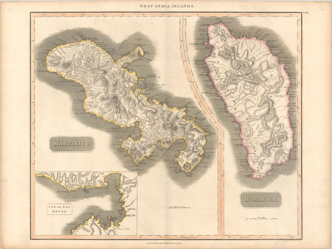 MAP, Martinique, Thomson: Martinique & Dominica. John Thomson, Martinico [on sheet with] Dominica, from Thomson's New General Atlas, 1814 (circa). Hand Color. This sheet includes two copper engraved maps with common borders de