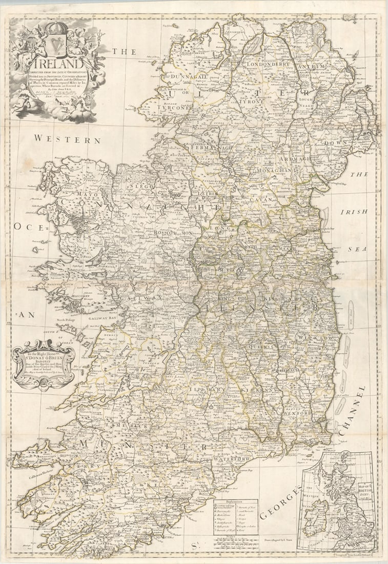MAP, Ireland, Senex: Ireland. John Senex, Ireland Corrected from the Latest Observations Divided into Its Provinces, Counties & Baronies Shewing the Principal Roads, and the Distances of Places..., from The English Atlas.