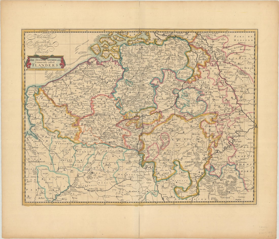 MAP, Low Countries, Senex: Belgium & Luxembourg. John Senex, The Spanish Netherlands Commonly Called Flanders, 1719 (dated). Hand Color. This detailed map of the historic region of Flanders extends east to Duseldorf and Koblent