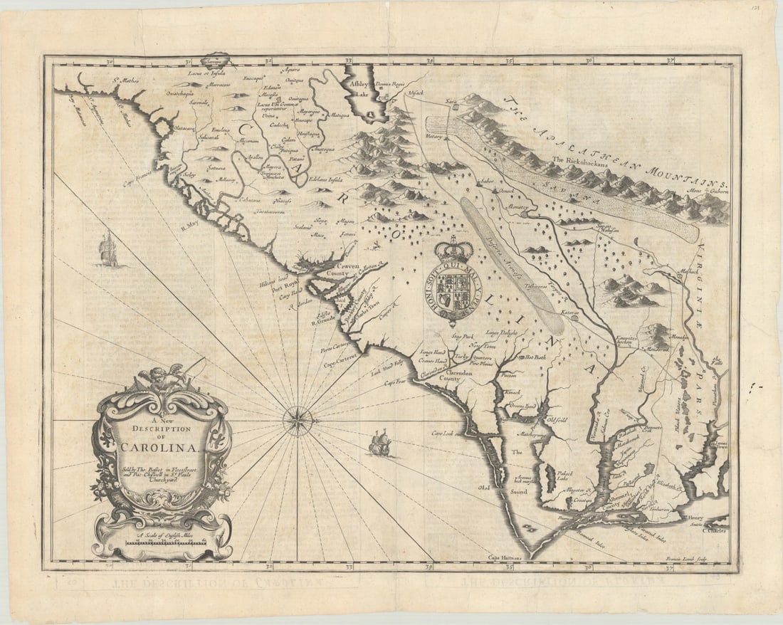 MAP, Southeastern USA, Speed: Speed's Map of the Carolinas Based Upon the Lords Proprietor's Map. Colonial Southeastern United States. John Speed/Francis Lamb, A New Description of Carolina, from A Prospect of the Most Famous Part