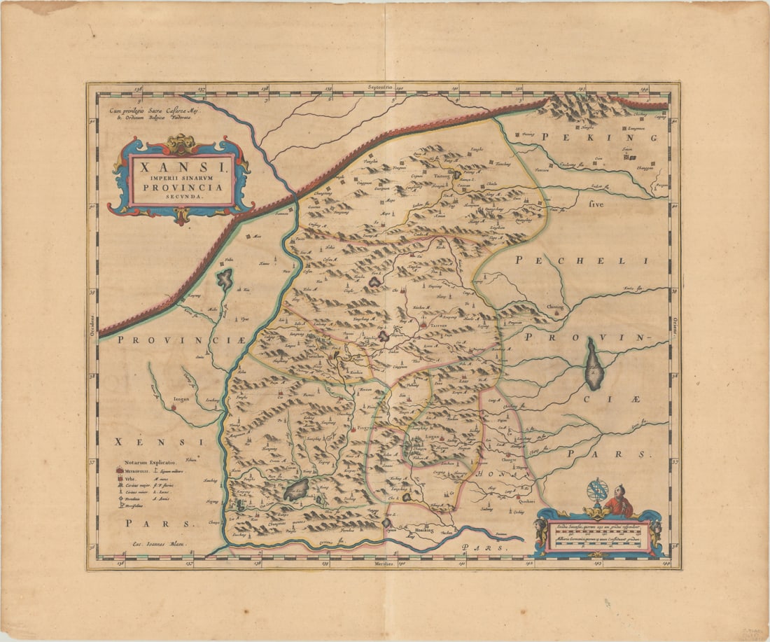 MAP, China, Blaeu: Northern China. Johannes Blaeu, Xansi, Imperii Sinarum Provincia Secunda, from Novus Atlas Sinensis, 1655 (circa). Hand Color. This map of the Xansi (Shanxi) province features the Great Wall of China